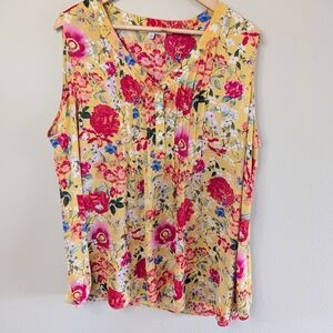 Rose + Olive Floral Sleeveless Blouse Womens 2X Yellow Multicolor Button Front